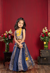 Mustard Crop Top With Handworked Jacket And Navy Panelled Flared Lehenga Set