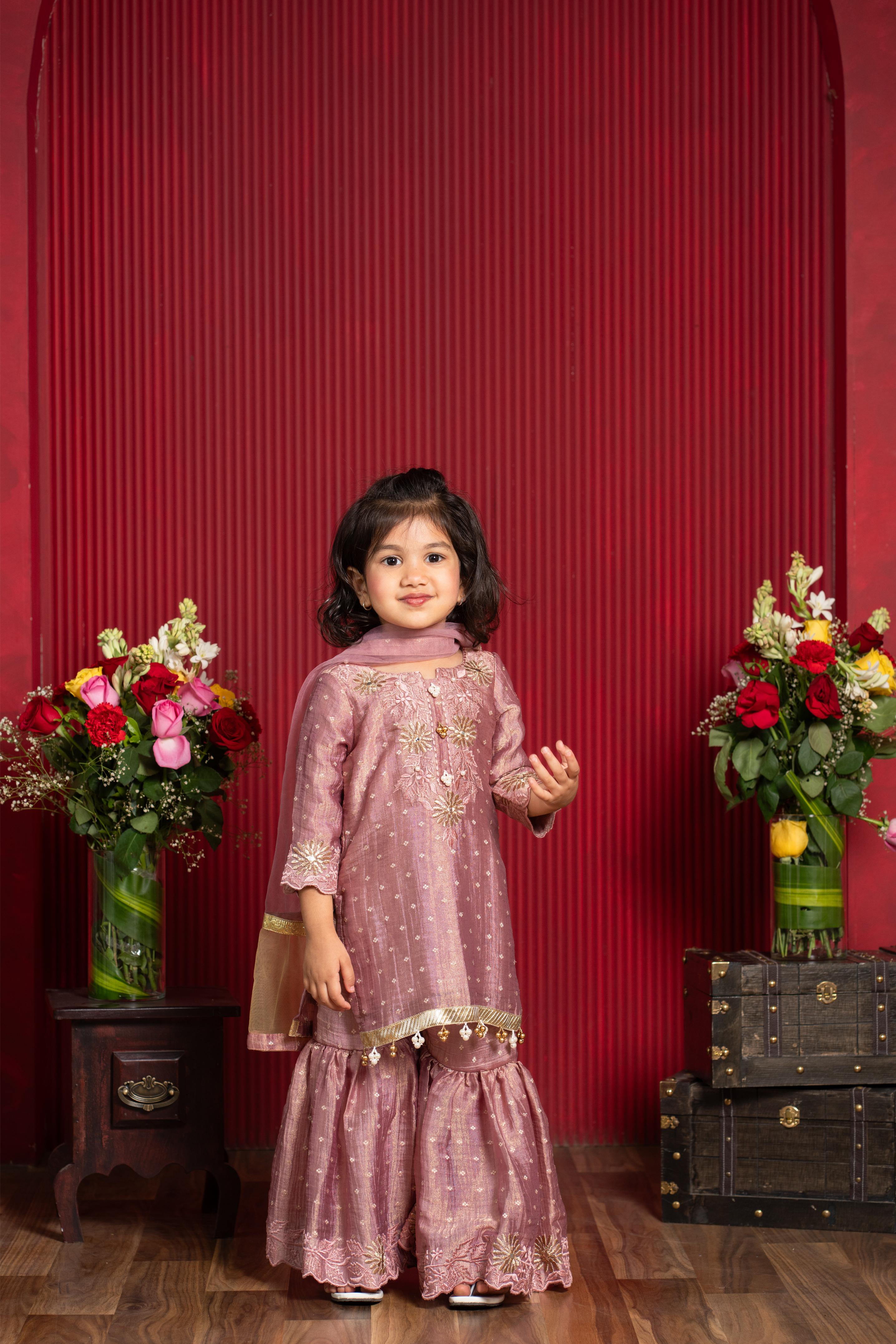 designer dusty rose sharara outfit for girls festive wear