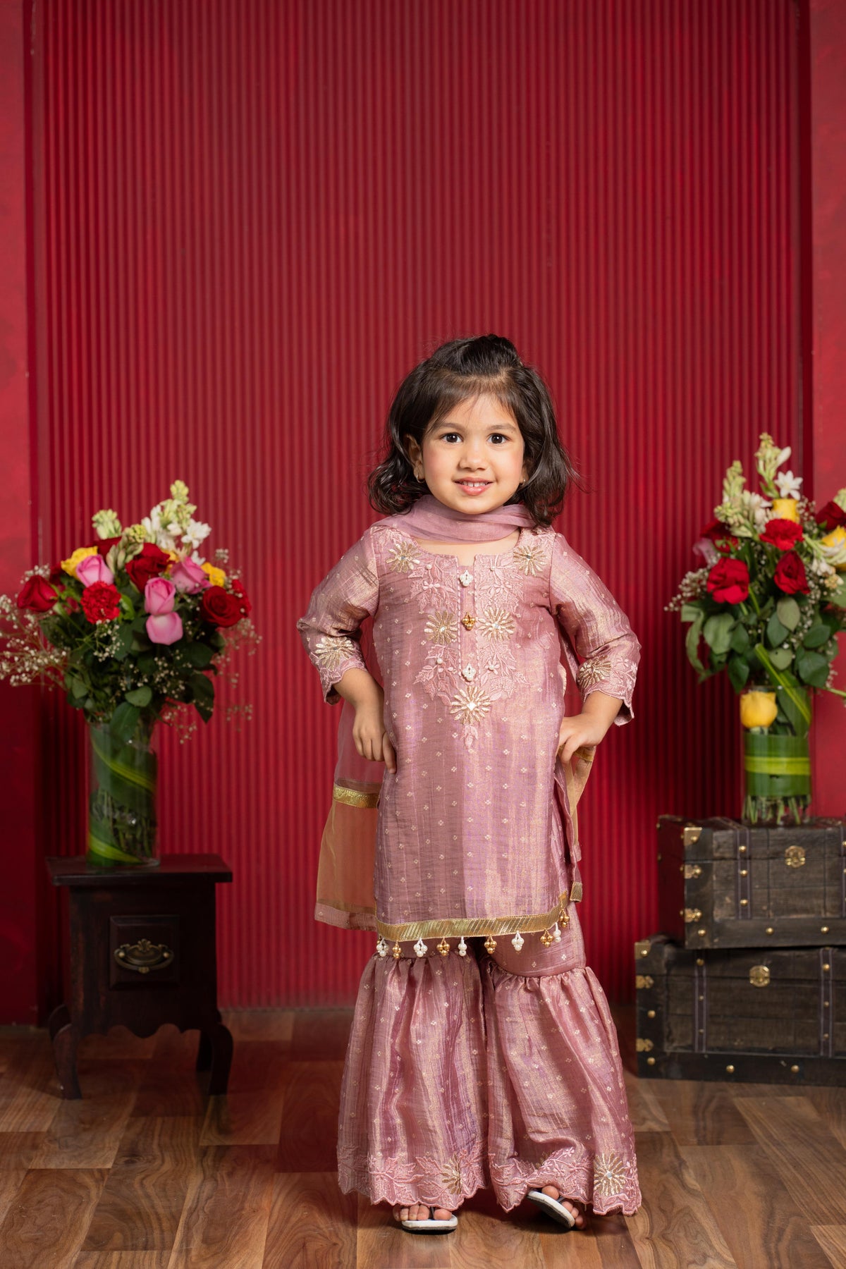 dusty rose embroidered kurti with sharara and sheer dupatta set for girls by Kirti Agarwal