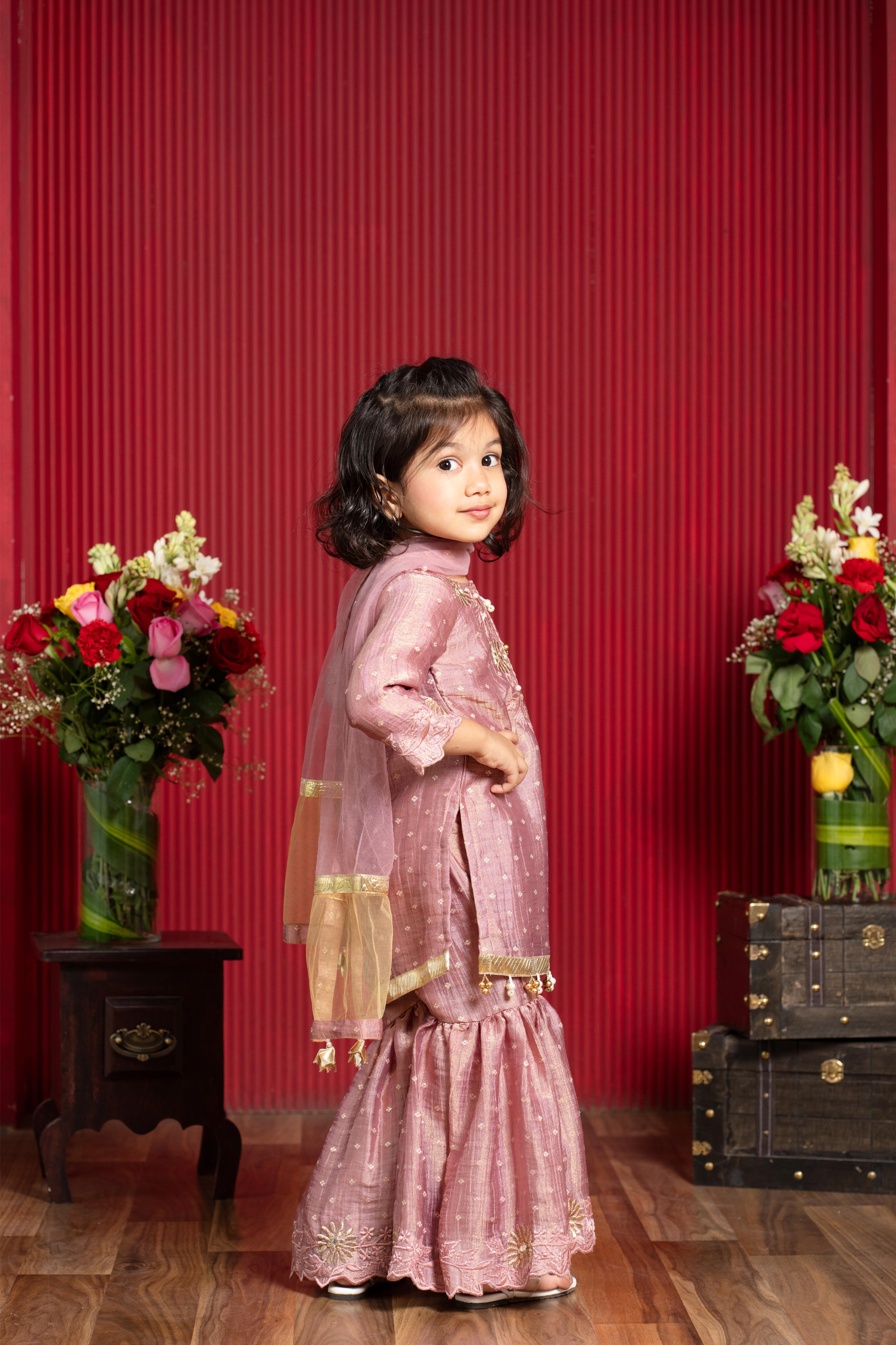 kids dusty rose embroidered kurti sharara ethnic outfit