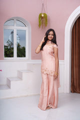 Peach Embroidered Off-Shoulder Kurta With Flared Palazzo & Dupatta