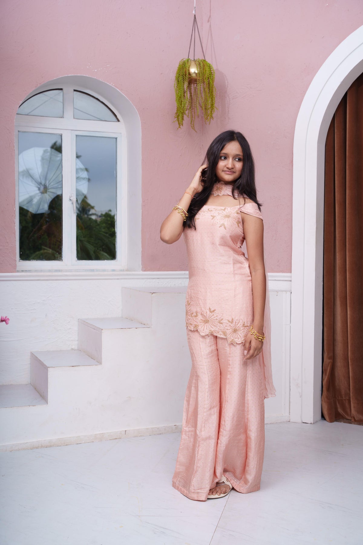 Peach Embroidered Off-Shoulder Kurta With Flared Palazzo & Dupatta
