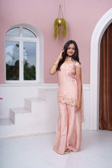Peach Embroidered Off-Shoulder Kurta With Flared Palazzo & Dupatta
