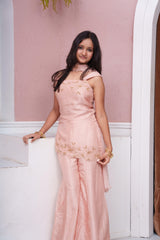 Peach Embroidered Off-Shoulder Kurta With Flared Palazzo & Dupatta
