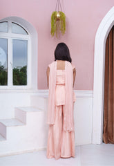 Peach Embroidered Off-Shoulder Kurta With Flared Palazzo & Dupatta