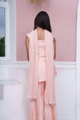 Peach Embroidered Off-Shoulder Kurta With Flared Palazzo & Dupatta