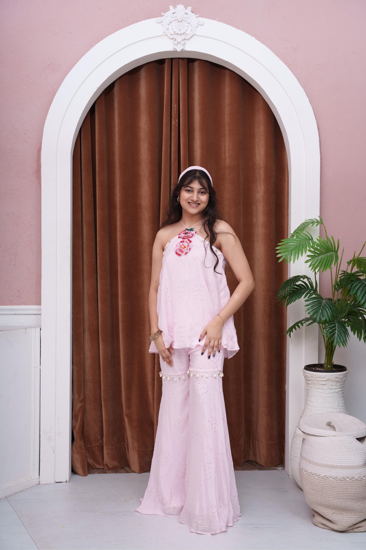 Soft Blush Pink Embroidered Halter Top With Flared Palazzo Pants