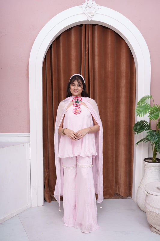 Blush Pink Embroidered Peplum Top With Flared Palazzo Pants & Sheer Dupatta Set
