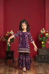 Plum Floral Kurti With Attached Jacket And Coordinated Flared Sharara Set