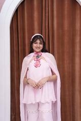 Blush Pink Embroidered Peplum Top With Flared Palazzo Pants & Sheer Dupatta Set