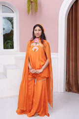 Orange Embroidered Peplum Top With Flared Palazzo Pants & Dupatta