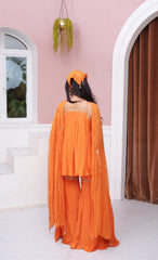 Orange Embroidered Peplum Top With Flared Palazzo Pants & Dupatta