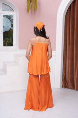Orange Embroidered Kurta With Flared Sharara & Floral Detailing