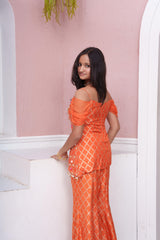 Coral Embroidered Peplum Top With Flared Palazzo And Multicoloured Tassel Detailing