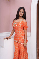 Coral Embroidered Peplum Top With Flared Palazzo And Multicoloured Tassel Detailing