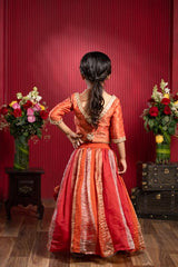 kids orange panelled flared lehenga with contrast yoke choli