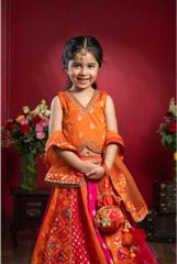 Embroidered Elegant Top And Brocade Lehenga With Matching Net Dupatta And Brocade Potli Bag