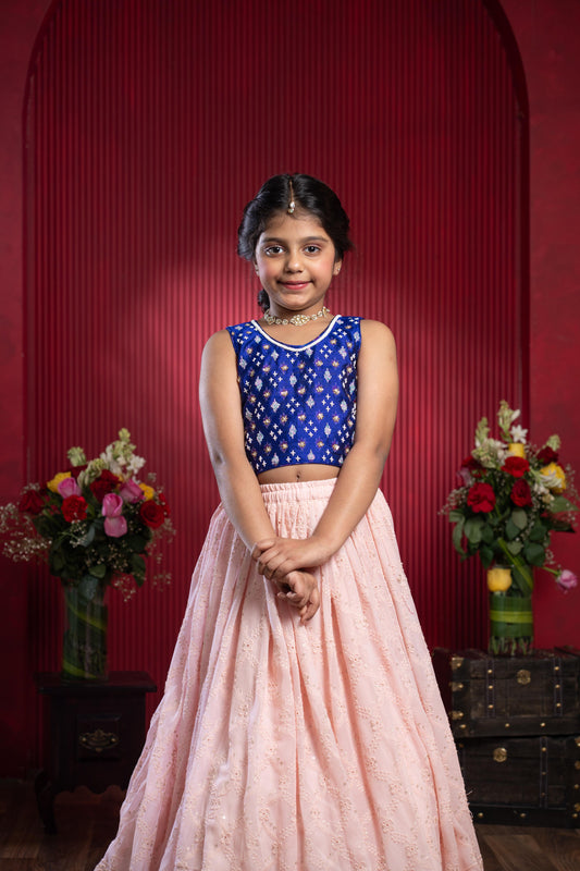 designer girls royal blue blush lehenga outfit for wedding and festive wear