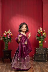 Sequin Embroidered Wine Top And Lehenga With Matching Net Dupatta