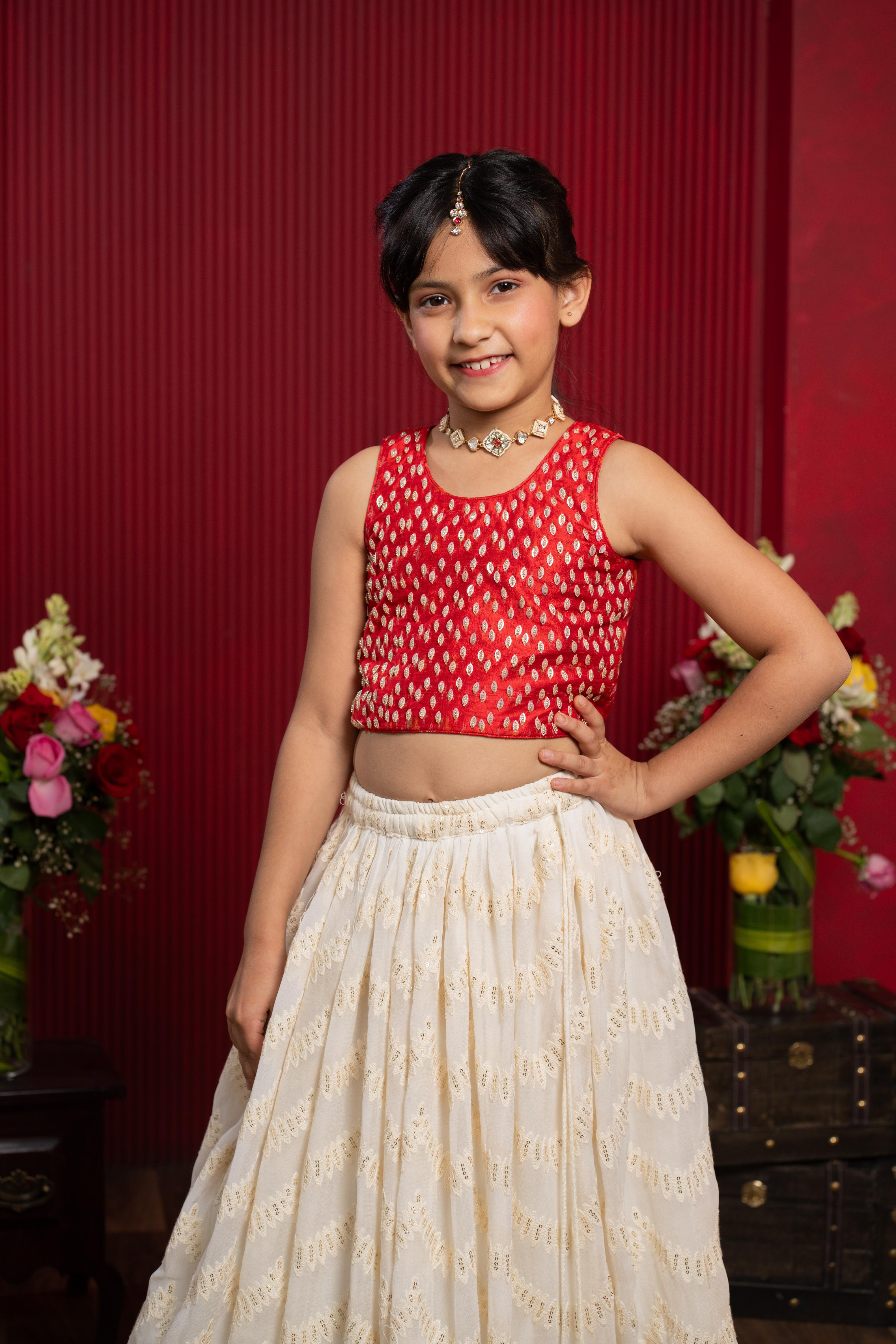 kids red and ivory ethnic lehenga set for celebration