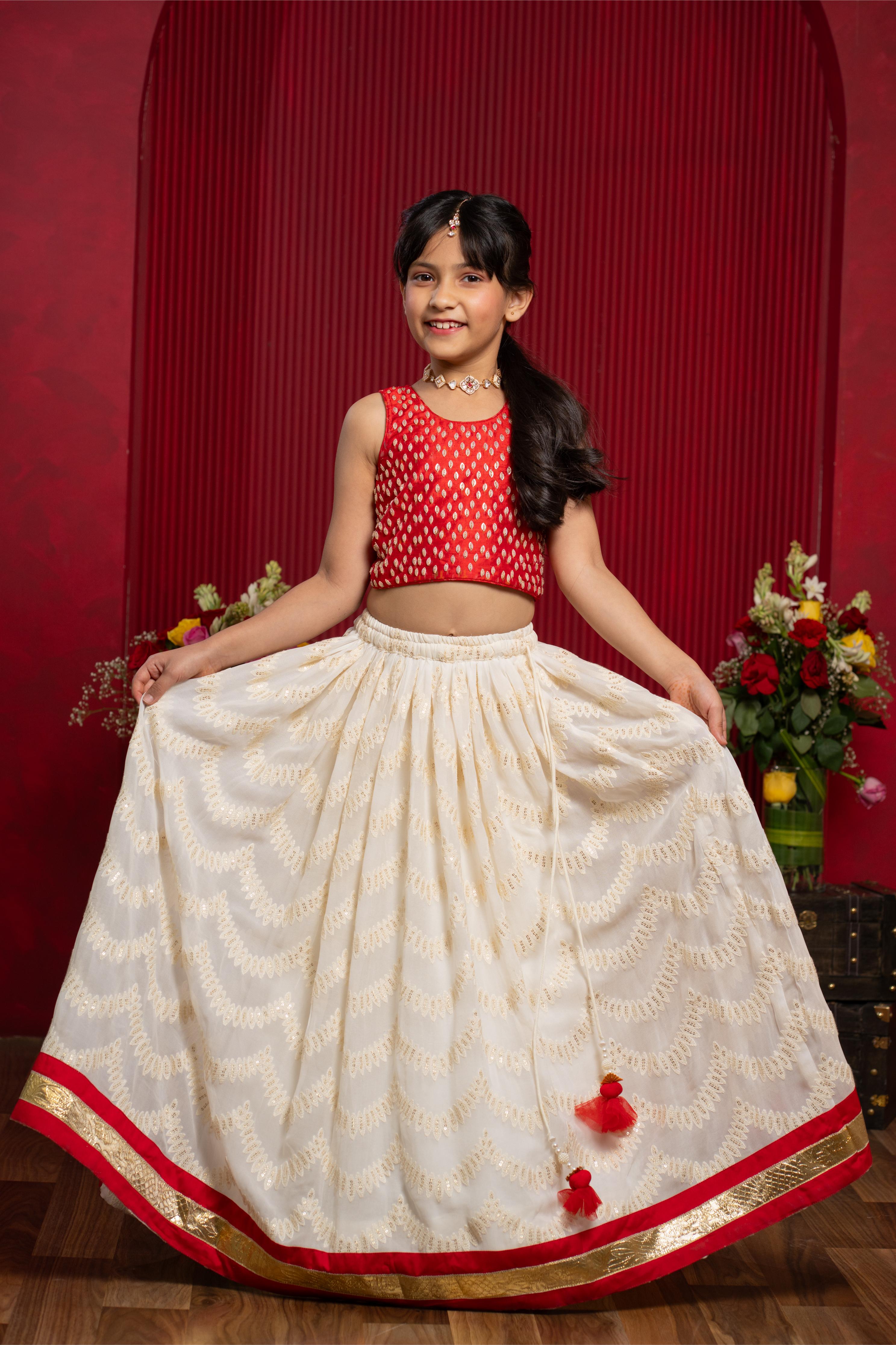 designer girls red ivory lehenga outfit for wedding and festive wear
