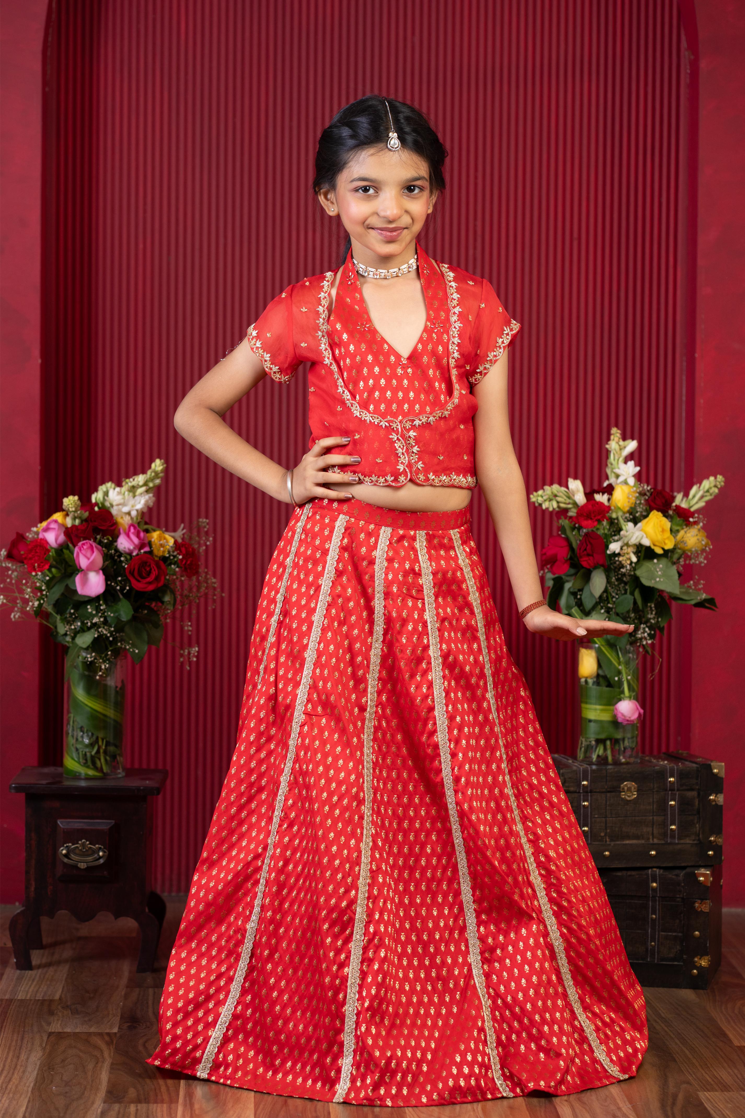 royal red gold embroidered lehenga set for girls by Kirti Agarwal