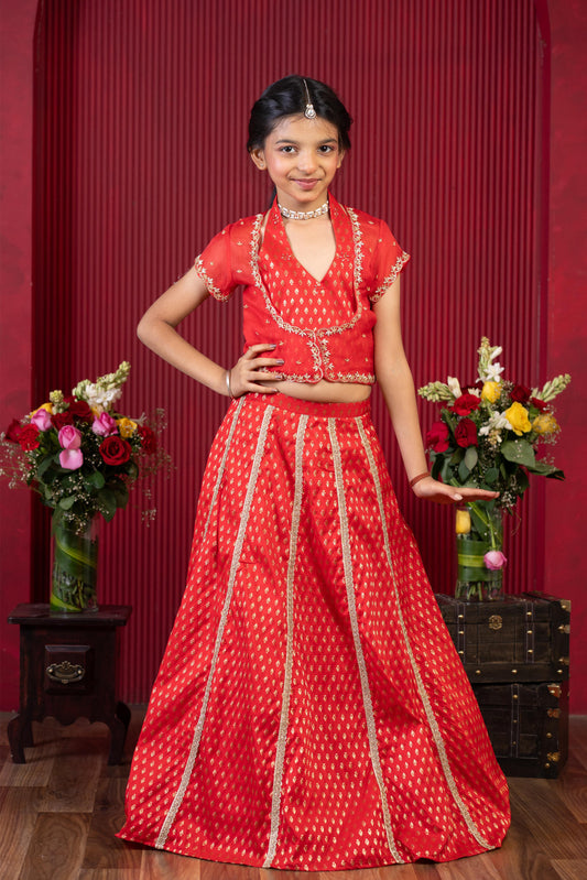 royal red gold embroidered lehenga set for girls by Kirti Agarwal