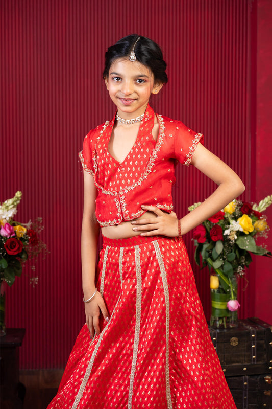designer red embroidered girls lehenga outfit for wedding and festive wear