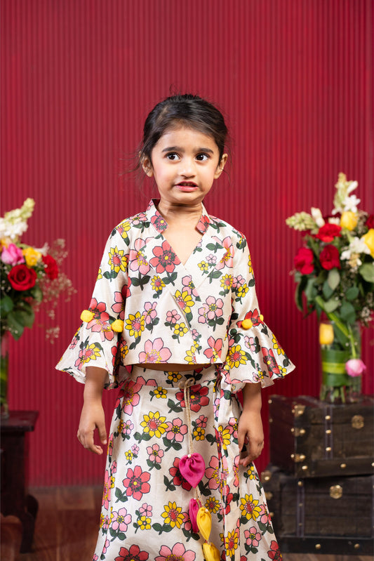 designer beige floral crop top skirt outfit for girls festive wear