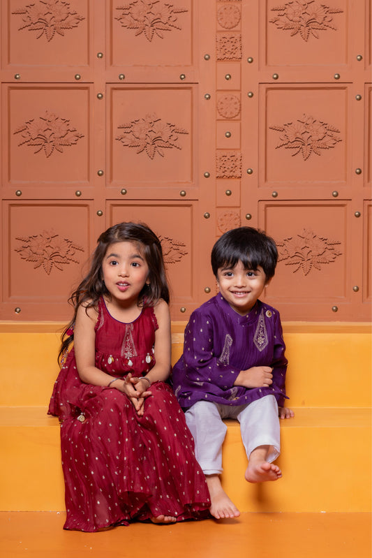 Maroon embroidered Peplum top set & Purple Embroidered Kurta with white Pyjama