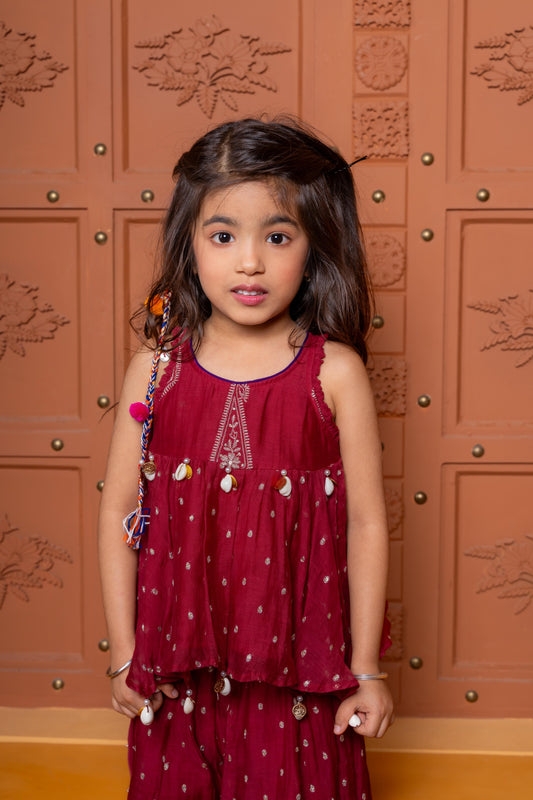 Maroon embroidered peplum top and flared Palazzo
