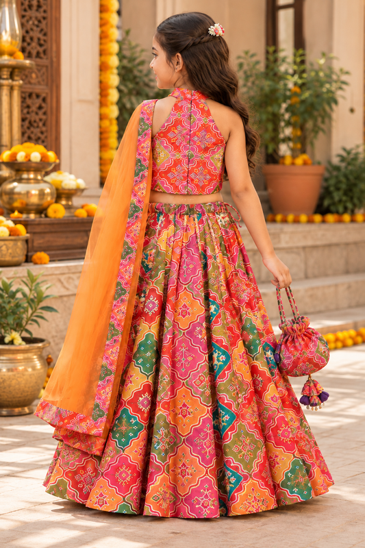 Multicolour Embroidered Silk Lehenga Set with Dupatta & Potli Bag for Girls