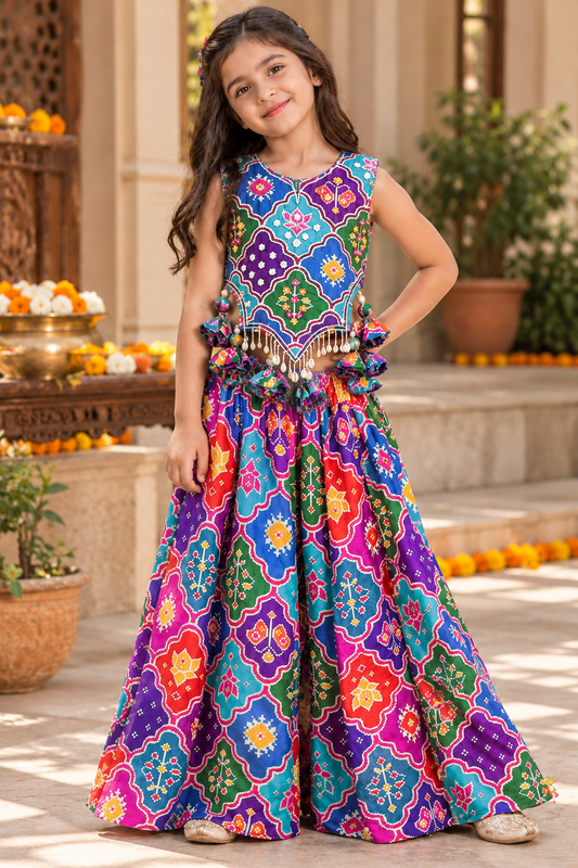 Multicolour Embroidered Silk Top with Flared Palazzo Set