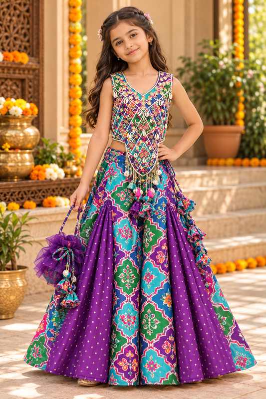 Multicolour Embroidered Silk Lehenga Set with Potli Bag for Girls