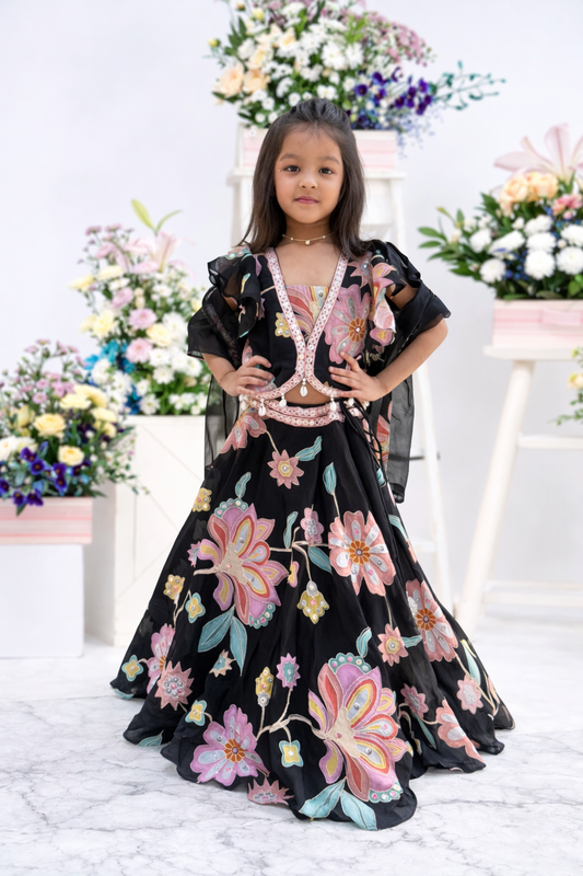 Girls embroidered lehenga outfit with organza dupatta