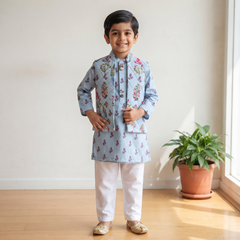 Sea Blue Kurta Set with Floral Jacket