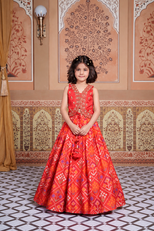 Elegant Red Silk Embroidered Crop Top & Flared Lehenga Set for Girls.
