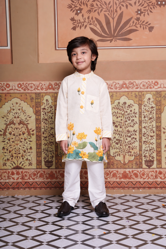 Boys Lotus Embroidered Kurta Set with Elasticated Pyjama