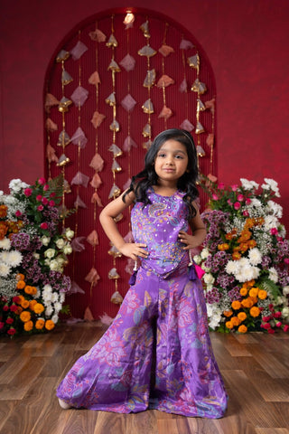 Add a pop of color to your celebrations with this vibrant purple printed top and flared palazzo set - Kirti Agarwal