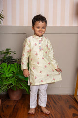 Lavender kurta with dhoti & pastel yellow floral embroidered kurta set
