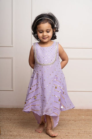 Adorable Lavender kurta with intricate mirror work and gold detailing, paired with a matching salwar for a charming festive look - Kirti Agarwal