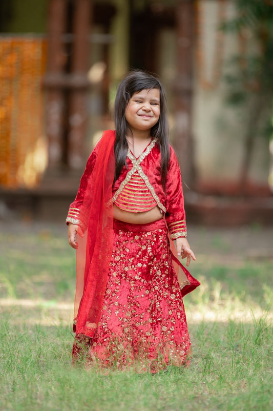 Adorable Red Velvet Top And Floral Sequins Embroidered Lehenga With Matching Dupatta - Kirti Agarwal