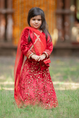 Adorable Red Velvet Top And Floral Sequins Embroidered Lehenga With Matching Dupatta - Kirti Agarwal