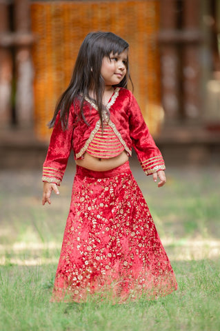 Adorable Red Velvet Top And Floral Sequins Embroidered Lehenga With Matching Dupatta - Kirti Agarwal