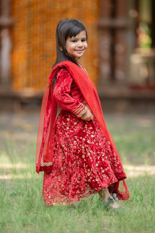 Adorable Red Velvet Top And Floral Sequins Embroidered Lehenga With Matching Dupatta - Kirti Agarwal