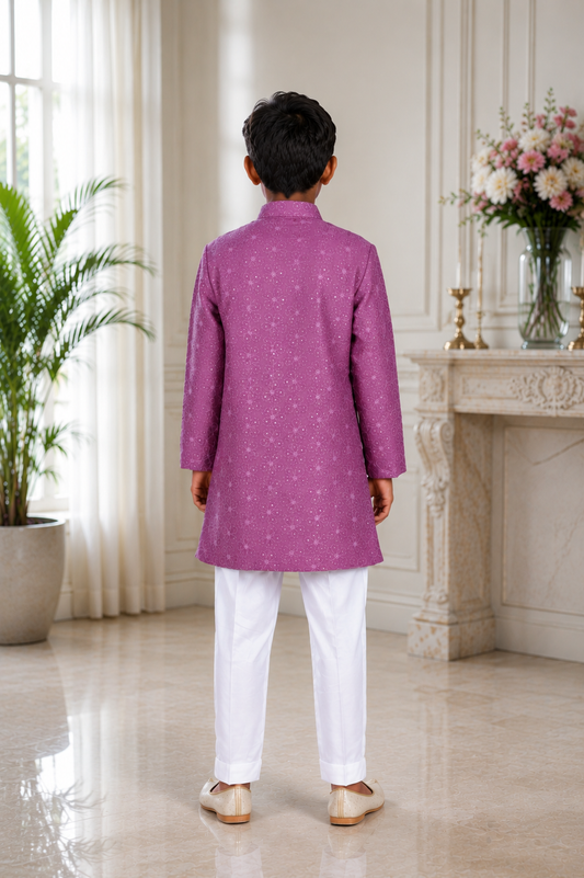 Mauve Lucknawi Print Chanderi Silk Jacket with White Elasticated Pants for Boys