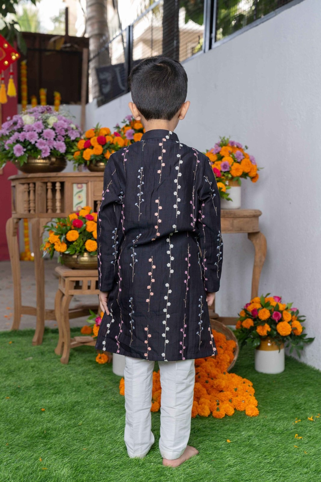 Black Embroidered Silk Kurta with Multicolored Floral Detailing and White Pants – Perfect for Weddings, Festivals, and Special Celebrations - Kirti Agarwal