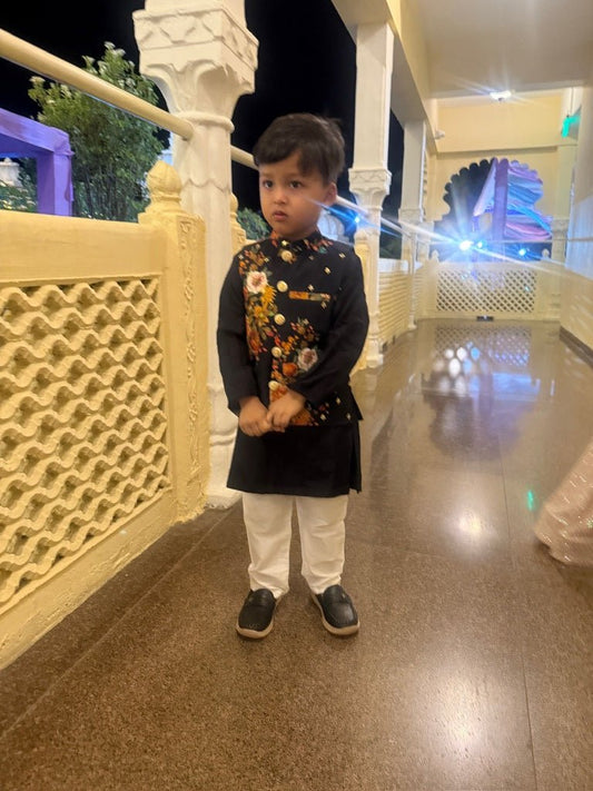 Floral Printed Embroidered Top And Lehenga & Black Kurta Embroidered Jacket With Pyjama