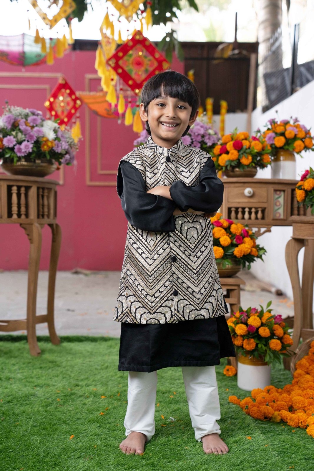 Black Silk Kurta with Embroidered Nehru Jacket and White Pants – Perfect for Weddings, Festive Celebrations, and Special Events - Kirti Agarwal