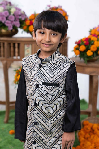 Black Silk Kurta with Embroidered Nehru Jacket and White Pants – Perfect for Weddings, Festive Celebrations, and Special Events - Kirti Agarwal